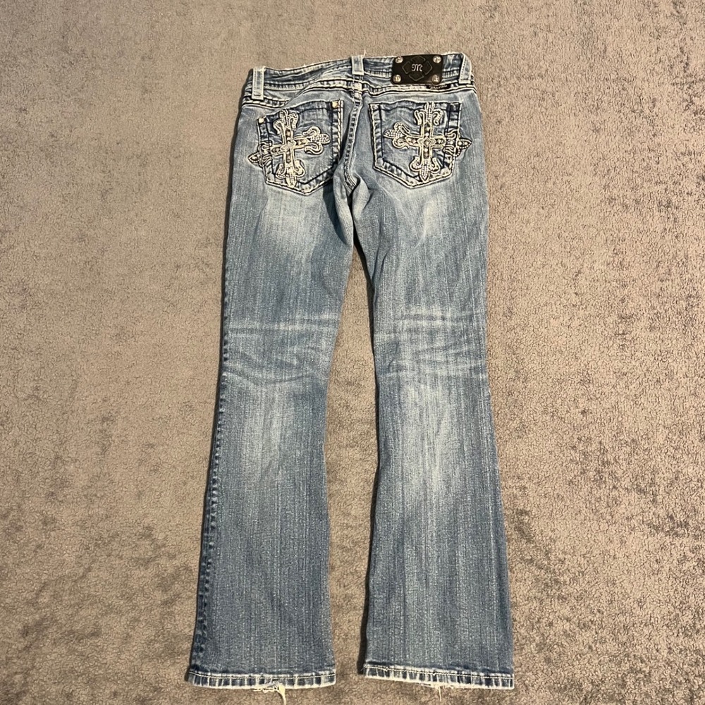 Vintage Y2K Miss Me Bootcut Jeans Women Size 28x29 Blue Rhinestone Cross